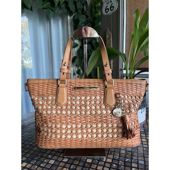 Brahmin Asher Tan Nantucket Basket Pattern Satchel Tote RARE Size - Picture 1 of 9